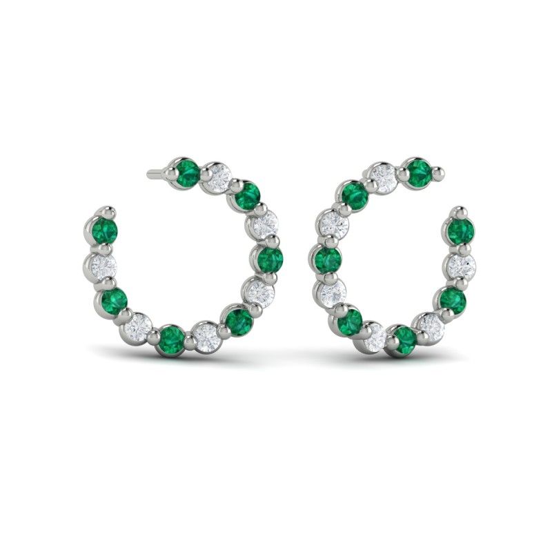 Forward-facing Diamond and Emerald Open Hoop Earrings