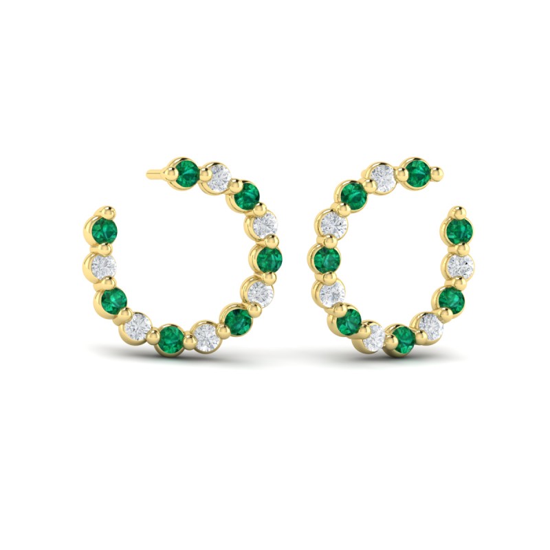 Forward-facing Diamond and Emerald Open Hoop Earrings