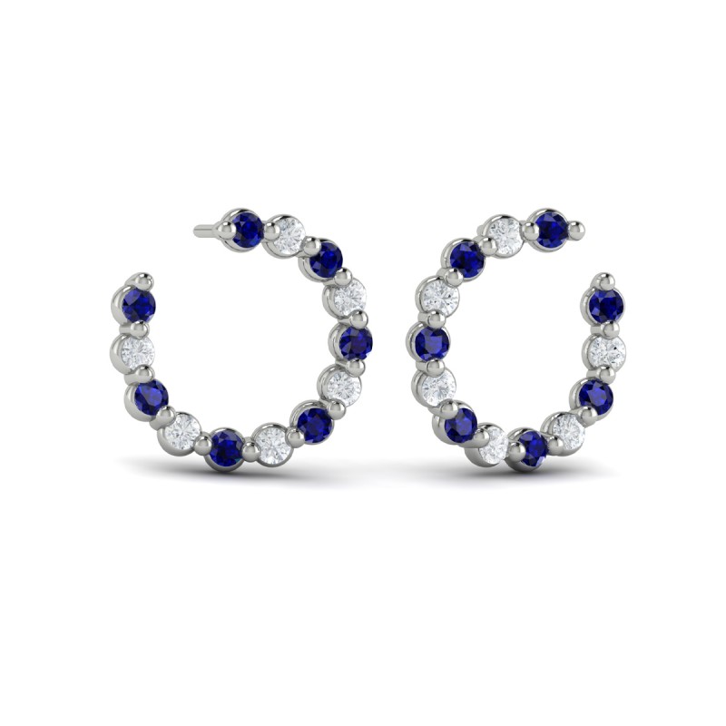 Forward-facing Diamond and Blue Sapphire Open Hoop Earrings