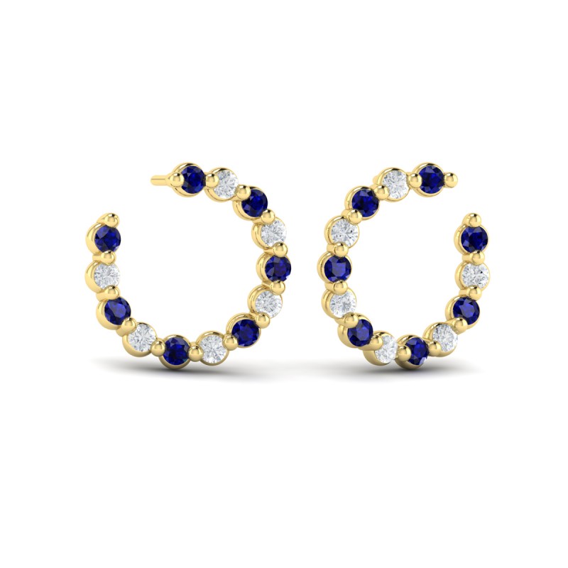 Forward-facing Diamond and Blue Sapphire Open Hoop Earrings