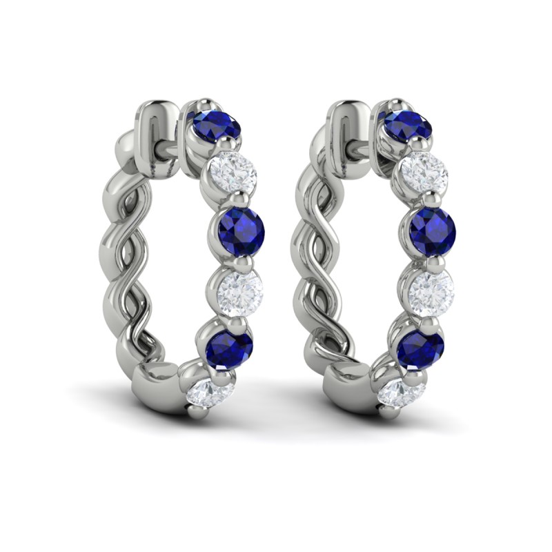 Diamond and Blue Sapphire Twist Hoop Earrings