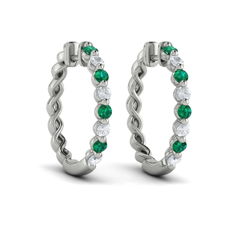 Diamond and Emerald Twist Hoop Earrings