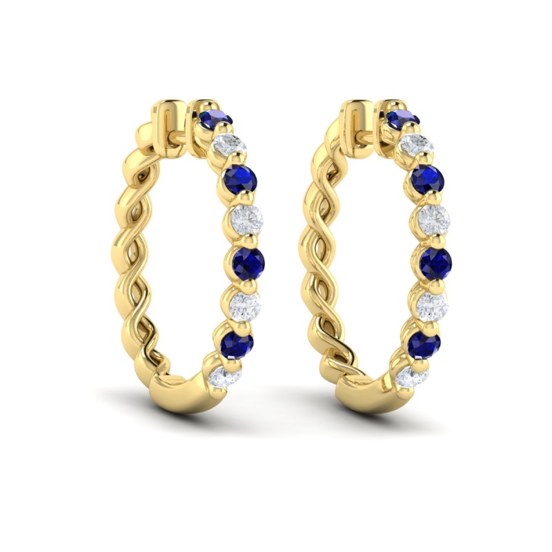 Diamond and Blue Sapphire Twist Hoop Earrings