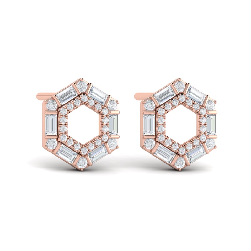 Diamond Baguette Double Row Open Honeycomb Stud Earrings