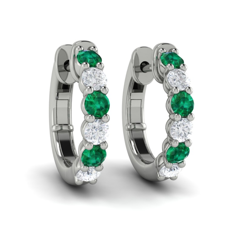 Forward-facing Diamond and Emerald Open Hoop Earrings
