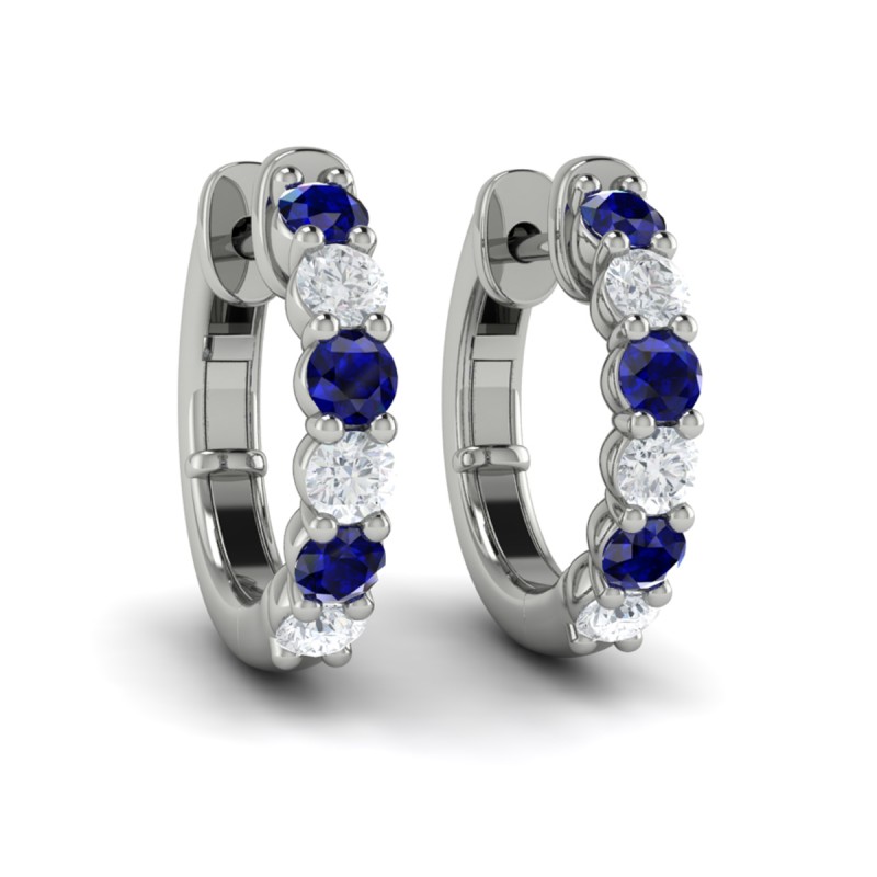 Forward-facing Diamond and Blue Sapphire Open Hoop Earrings