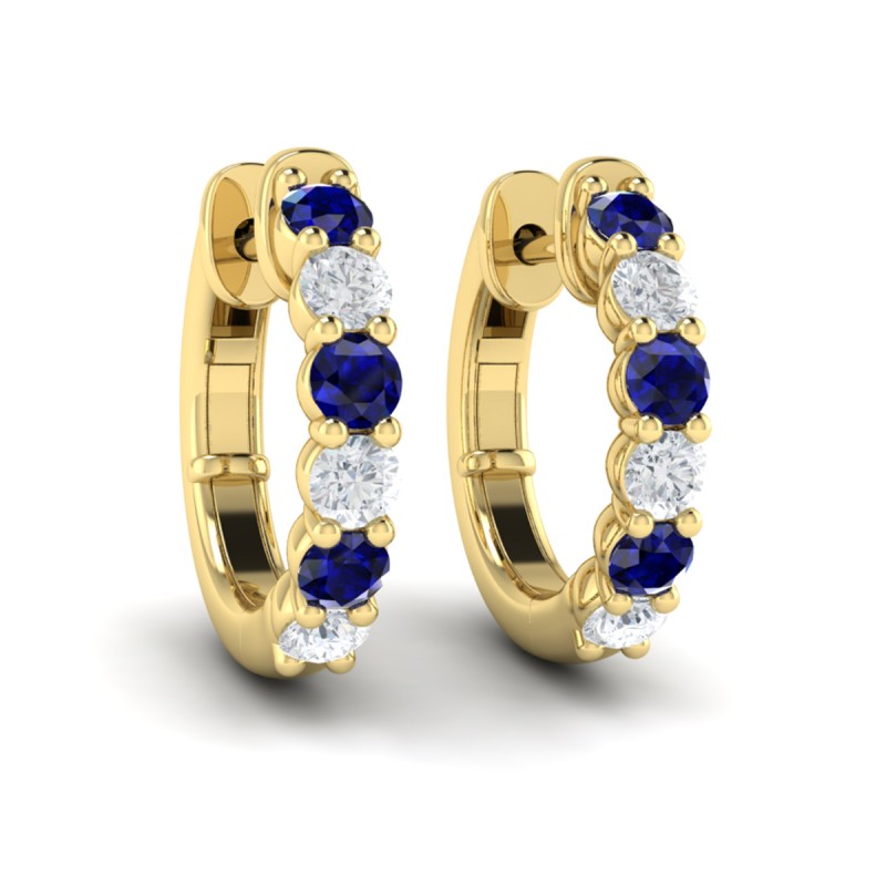 Forward-facing Diamond and Blue Sapphire Open Hoop Earrings