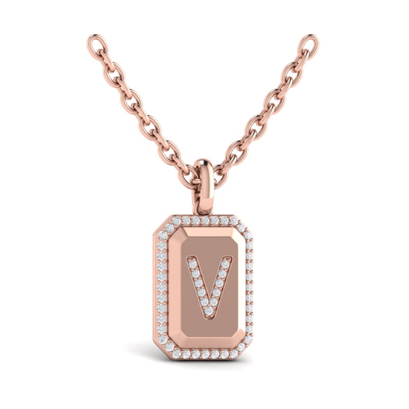 Diamond Medallion Alphabet Pendant Link Necklace, V