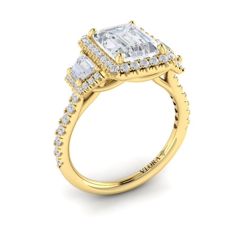 Trio Emerald Cut Halo Engagement Ring