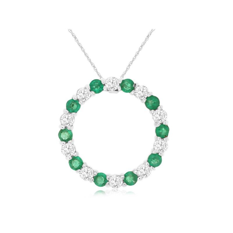 14K WHITE GOLD CIRCLE PENDANT WITH .50CTTW ROUND EMERALDS ALTERNATING WITH .50CTTW ROUND I1 CLARITY & HI COLOR DIAMONDS ON A PENADNT CHAIN