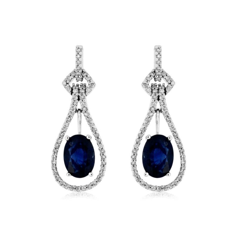 14K WHITE GOLD DROP EARRINGS WITH 2.00CTTW OVAL SAPPHIRES WITH .34CTTW ROUND I1 CLARITY & HI COLOR DIAMONDS SET IN THE OPEN PEAR SHAPE AND TOP