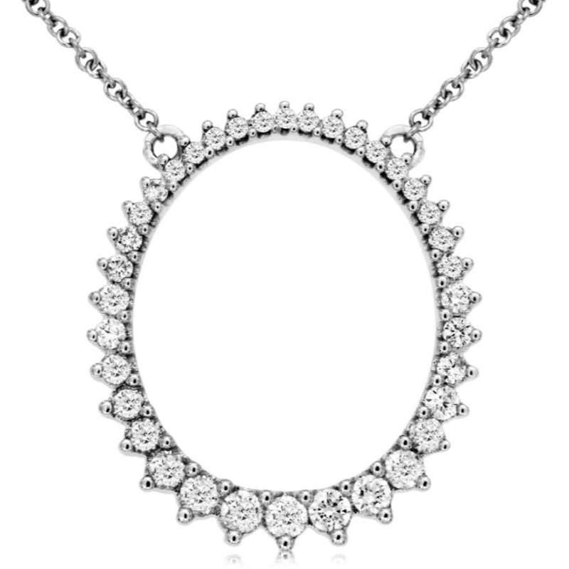 14K WHITE GOLD ELONGATED OPEN CIRCLE PENDANT WITH .52CTTW ROUND I1 CLARITY & HI COLOR DIAMONDS ON AN 18