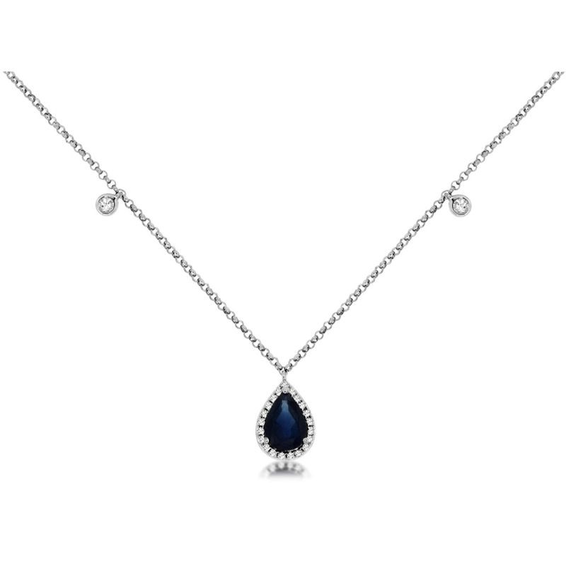 14K WHITE GOLD .88CT PEAR SHAPED SAPPHIRE PENDANT WITH .12CTTW ROUND I1 CLARITY &HI COLOR DIAMONDS SET IN THE HALO AND DROPS ON A CABLE CHAIN