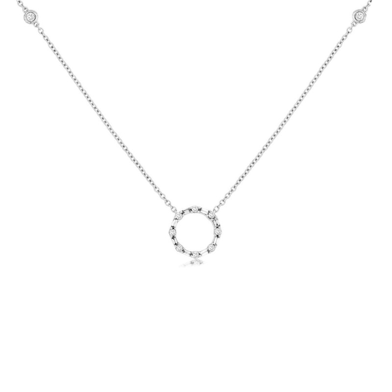 14K WHITE GOLD .28CTTW ROUND AND BAGUETTE I1 CLARITY & HI COLOR DIAMONDS BY THE YARD NECKALCE WITH A CIRCLE PENDANT