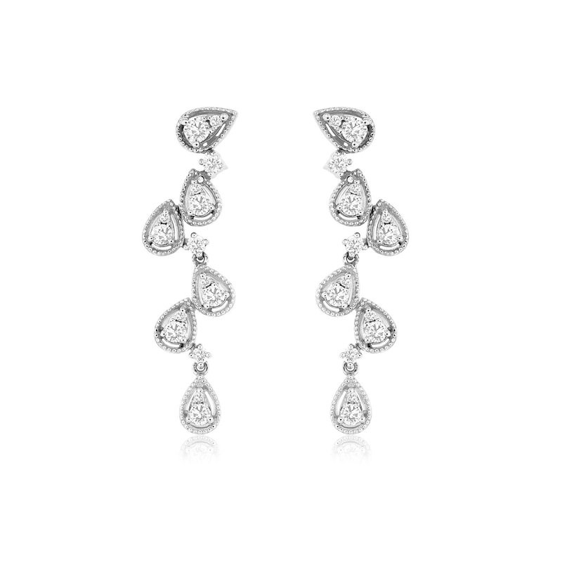 14K WHITE GOLD POST DROP EARRINGS WITH .62CTTW ROUND I1 CLARITY & HI COLOR DIAMONDS SET IN MILGRAIN PEAR SHAPE SETTINGS