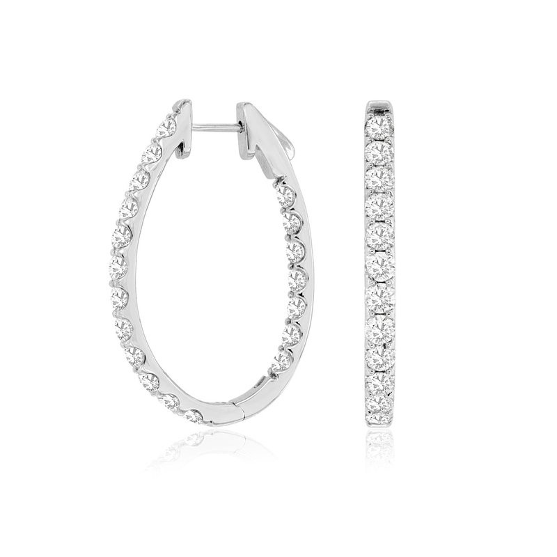 14K WHITE GOLD OVAL INSIDE OUTSIDE HOOP EARRINGS WITH 5.0CTTW ROUND I1 CLARITY & HI COLOR DIAMONDS WITH LOCKING POSTS