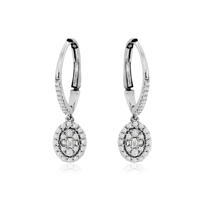 14K WHITE GOLD DROP EARRINGS WITH ROUND AND BAGUETTE I1 CLARITY & HI COLOR DIAMONDS SET IN THE CLUSTER AND IN THE LEVERBACKS