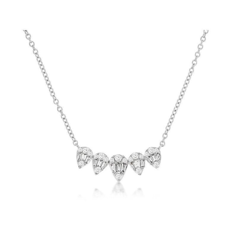 14K WHITE GOLD .28CTTW ROUND AND BAGUETTE SCALLOPED DIAMOND NECKLACE ON AN 18