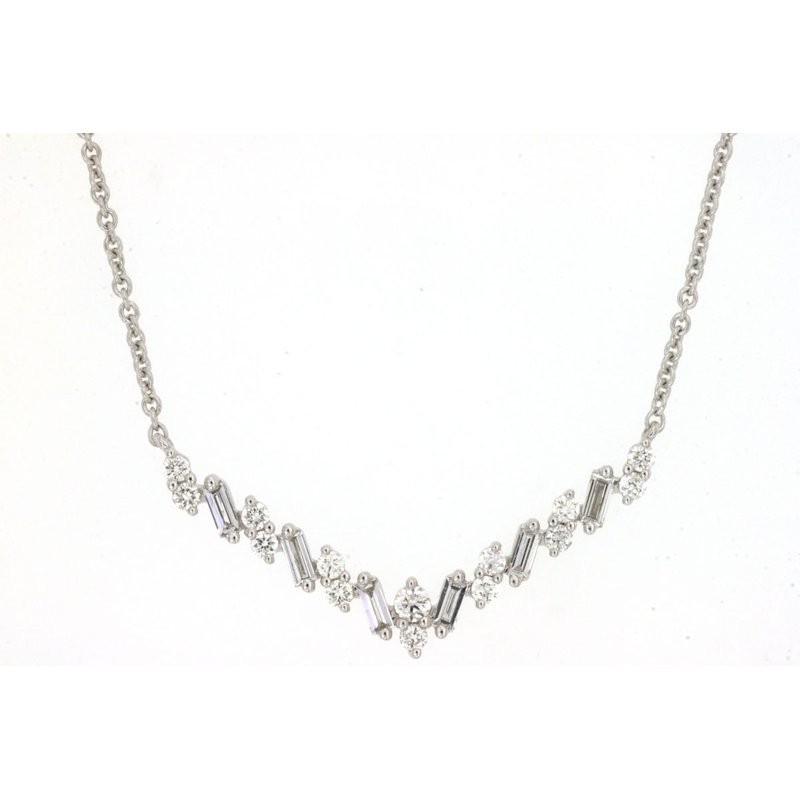 14K WHITE GOLD V SYTLE NECKLACE WITH .34CTTW ROUND AND BAGUETTE I1 CLARITY & HI COLOR DIAMONDS ON A CABLE