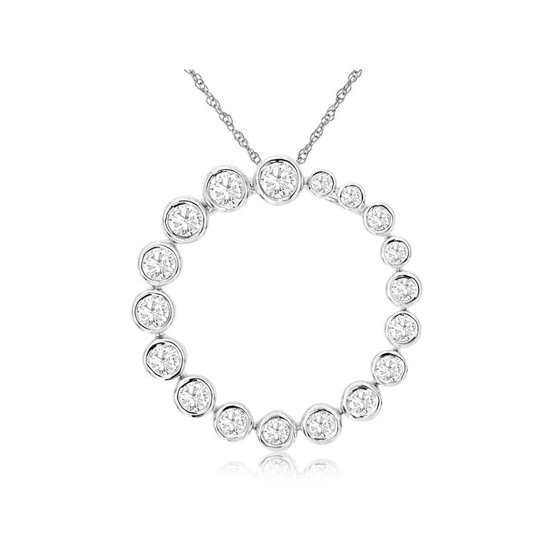 14K WHITE GOLD CIRCLE PENDANT WITH .55CTTW ROUND I1 CLARITY & HI COLOR BEZEL SET DIAMONDS ON A PENDANT CHAIN