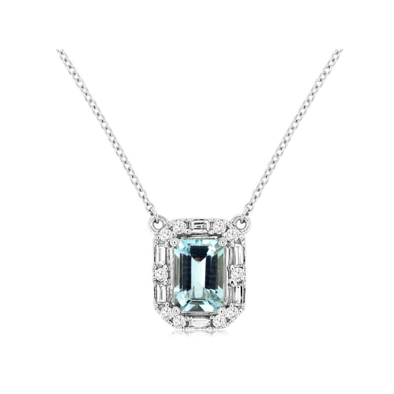 14K WHITE GOLD .90CT EMERALD CUT AQUAMARINE PENDANT WITH .19CTTW ROUND AND BAGUETTE I1 CLARITY & HI COLOR DIAMONDS SET IN THE HALO ON ACABLE CHAIN