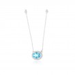 14K WHITE GOLD .95CT OVAL BLUE TOPAZ NECKLACE WITH .27CTTW ROUND I1 CLARITY & HI COLOR DIAMONDS SET IN THE HALO AND BEZELS IN THE CABLE CHAIN