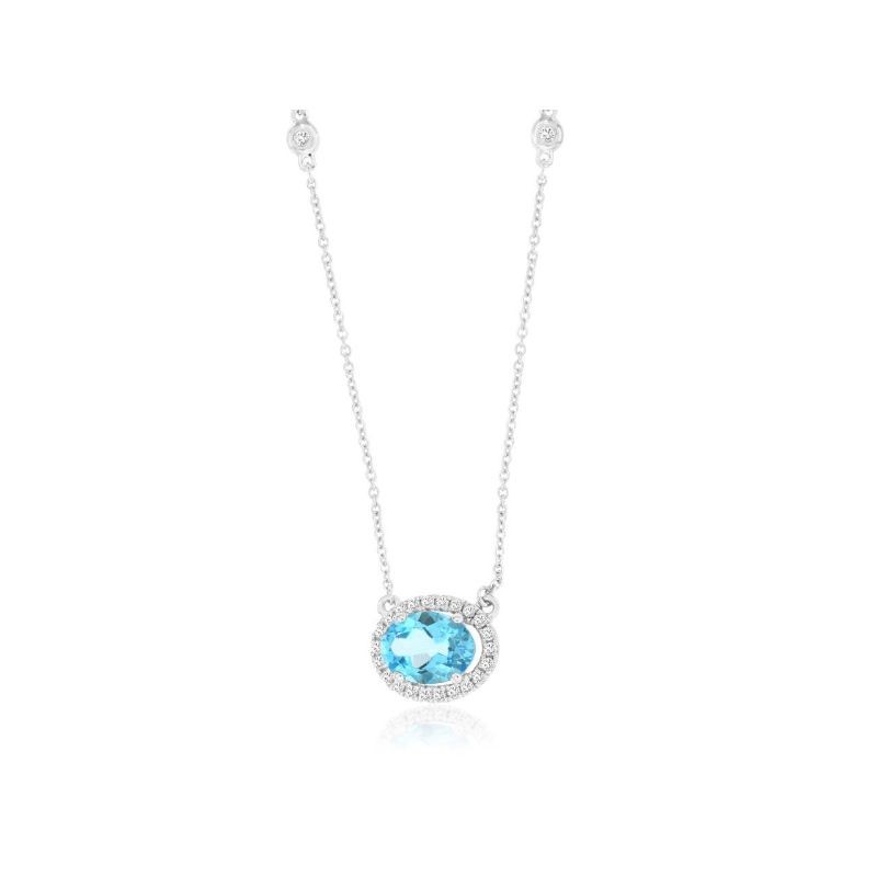 14K WHITE GOLD .95CT OVAL BLUE TOPAZ NECKLACE WITH .27CTTW ROUND I1 CLARITY & HI COLOR DIAMONDS SET IN THE HALO AND BEZELS IN THE CABLE CHAIN