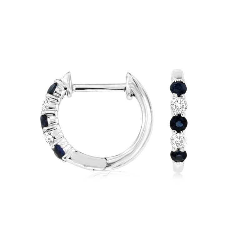 14K WHITE GOLD SMALL HOOP EARRINGS WITH .10CTTW ROUND I1 CLARITY & HI COLOR DIAMONDS ALTERNATING WITH .15CTTW ROUND SAPPHIRES