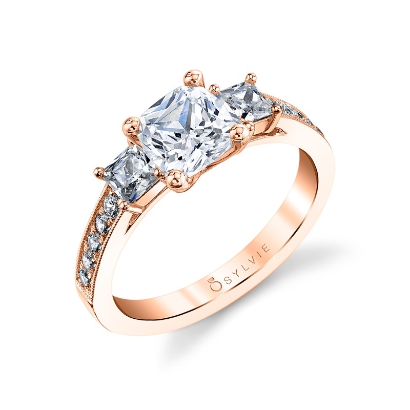 Cushion Cut Three Stone Engagement Ring With Princess Side Stones - Eva