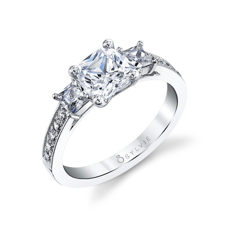Cushion Cut Three Stone Engagement Ring With Princess Side Stones - Eva