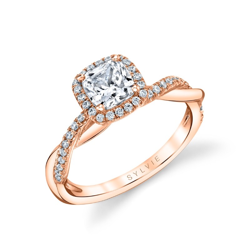 Cushion Cut Modern Halo Diamond Spiral Engagement Ring - Coralie