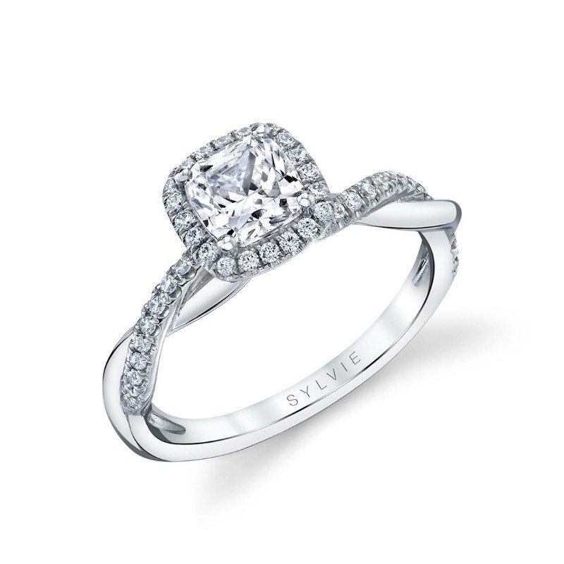 Cushion Cut Modern Halo Diamond Spiral Engagement Ring - Coralie
