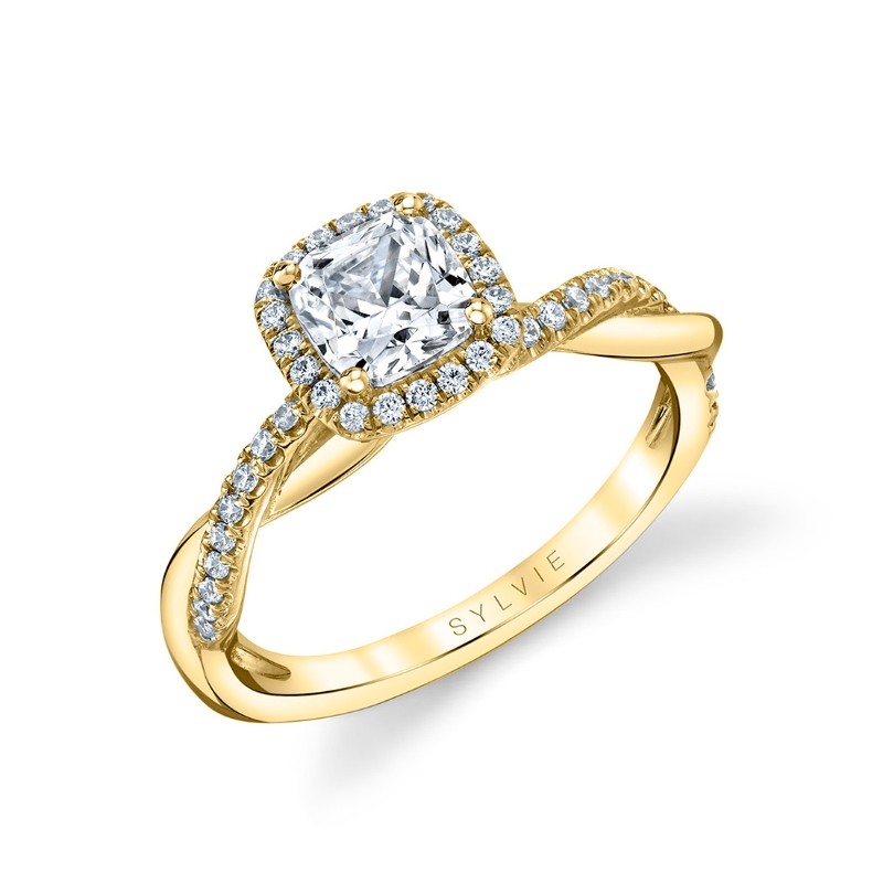 Cushion Cut Modern Halo Diamond Spiral Engagement Ring - Coralie