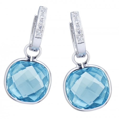 14kt White Gold Blue Topaz & Diamond Cushion Shape Earring Charms