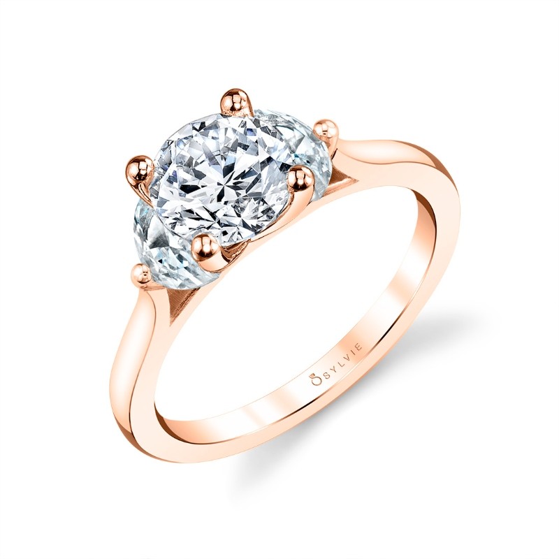 Round Three Stone Engagement Ring with Half Moon Side Stones - Melisandre