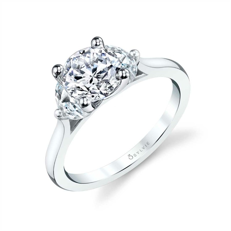 Round Three Stone Engagement Ring with Half Moon Side Stones - Melisandre