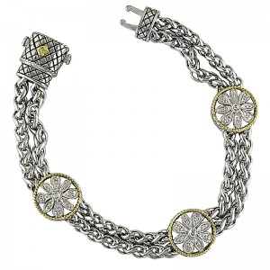 ANDREA CANDELA STERLING SILVER & 18K YELLOW GOLD "TESORO" BRACELET WITH THREE ROUND FLOWER STATIONS WITH DIAMONDS