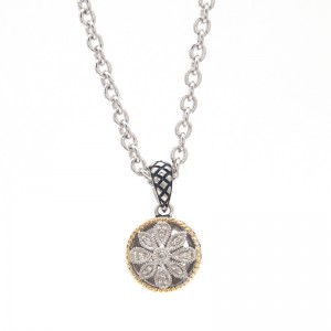 ANDREA CANDELA 18KY & STERLING SILVER DIAMOND ROUND FLOWER PENDANT ON A CABLE CHAIN
