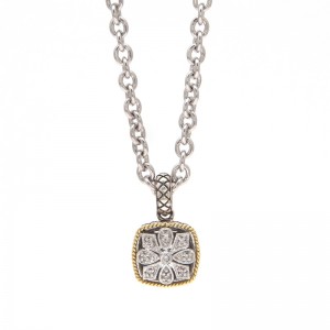 ANDREA CANDELA STERLING SILVER & 18KYG DIAMOND ANTIQUE LOOK SQUARE PENDANT ON A ROLO CHAIN