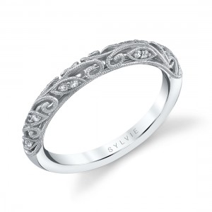 14K WHITE GOLD FLORAL DESIGN BAND WITH .09CTTW ROUND SI CLARITY & GH COLOR DIAMONDS
