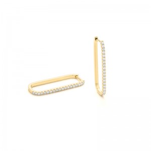 14K YELLOW GOLD RECTANGLE SHAPE HOOP EARRINGS SET WITH .35CTTW ROUND SI CLARITY & H COLOR DIAMONDS