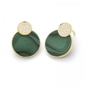14K YELLOW GOLD POST EARRINGS WITH ROUND .21CTTW ROUND SI CLARITY & GH COLOR DIAMOND TOP AND BEZEL SET MALACHITE