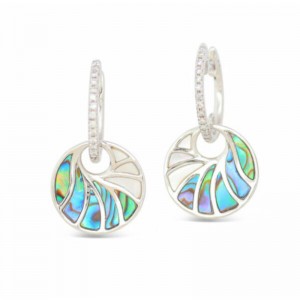 1/2 PAIR OF 14K WHITE GOLD MIMI ROUND (14MM) ABALONE AND WHITE MOTHER OF PEARL WITH DIAMOND TOP VENUS EARRINGS
