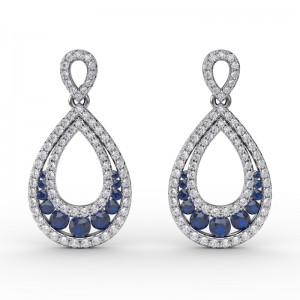 14K WHITE GOLD OPEN PEAR SHAPED DROP EARRINGS WITH 1.05CTTW ROUND SI CLARITY & GH COLOR DIAMONDS AND .96CTTW ROUND SAPPHIRES