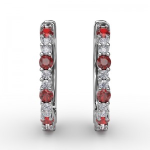 14K WHITE GOLD HOOP EARRINGS WITH .11CTTW SOUND SI CLARITY & GH COLOR DIAMONDS ALTERNATING WITH .30CTTW ROUND RUBIES