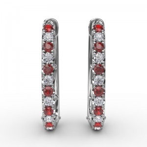 14K WHITE GOLD HOP EARRING ALTERNATING WITH.28CTTW ROUND SI CLARITY & GH COLOR DIAMONDS AND .39CTTW ROUND RUBIES REG PRICE $2100