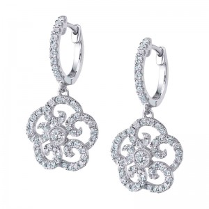 14K WHITE GOLD DROP FLORAL EARRINGS WITH 1.21CTTW ROUND SI2 CLARITY & HI COLOR DIAMONDS SET IN THE FLOWER AND HOOP