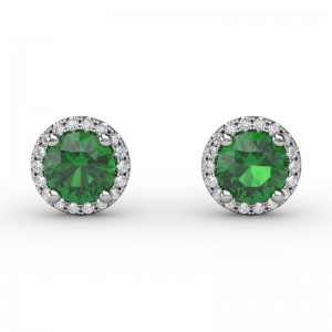 14K WHITE GOLD POST WARRINGS WITH .84CTTW ROUND EMERALDS WITH .14CTTW ROUND SI CLARITY & GH COLOR DIAMONDS SET IN THE HALOS