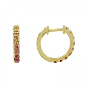14K YELLOW GOLD 13MM HUGGIE EARRINGS WITH .51CTTW ROUND YELLOW, ORANGE AND RED SAPPHIRES