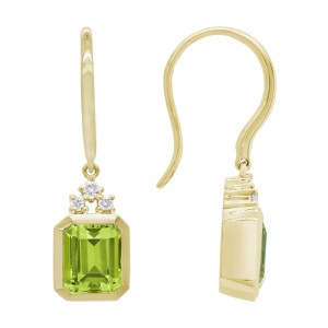 14K YELLOW GOLD 6X7MM (2.6CTTW)  BEZEL SET EMERALD CUT PERIDOT DROP EARRINGS WITH .08CTTW ROUND SI CLARITY & GH COLOR DIAMONDS ON WIRES